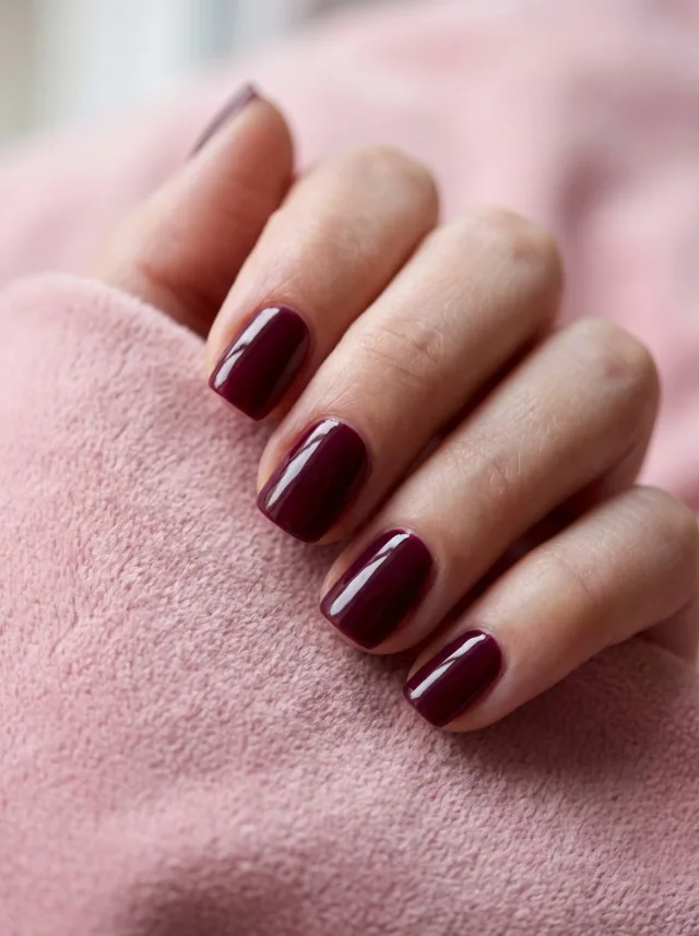 Deep burgundy gel manicure on short nails