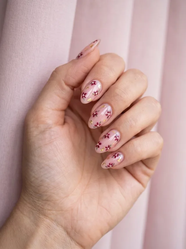 Hand painted floral nail art with gold leaf accents