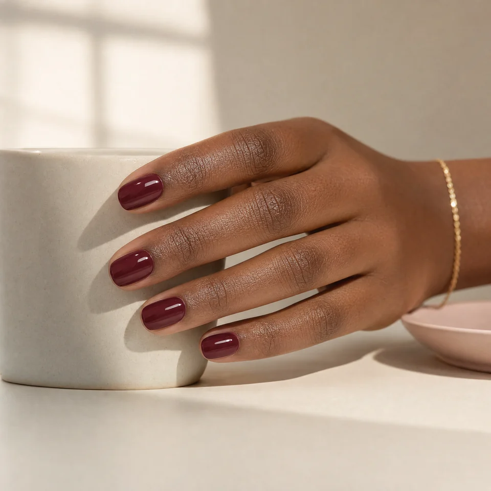 Glossy burgundy nails on a hand resting around an ivory ceramic cup, with a delicate gold bracelet.
