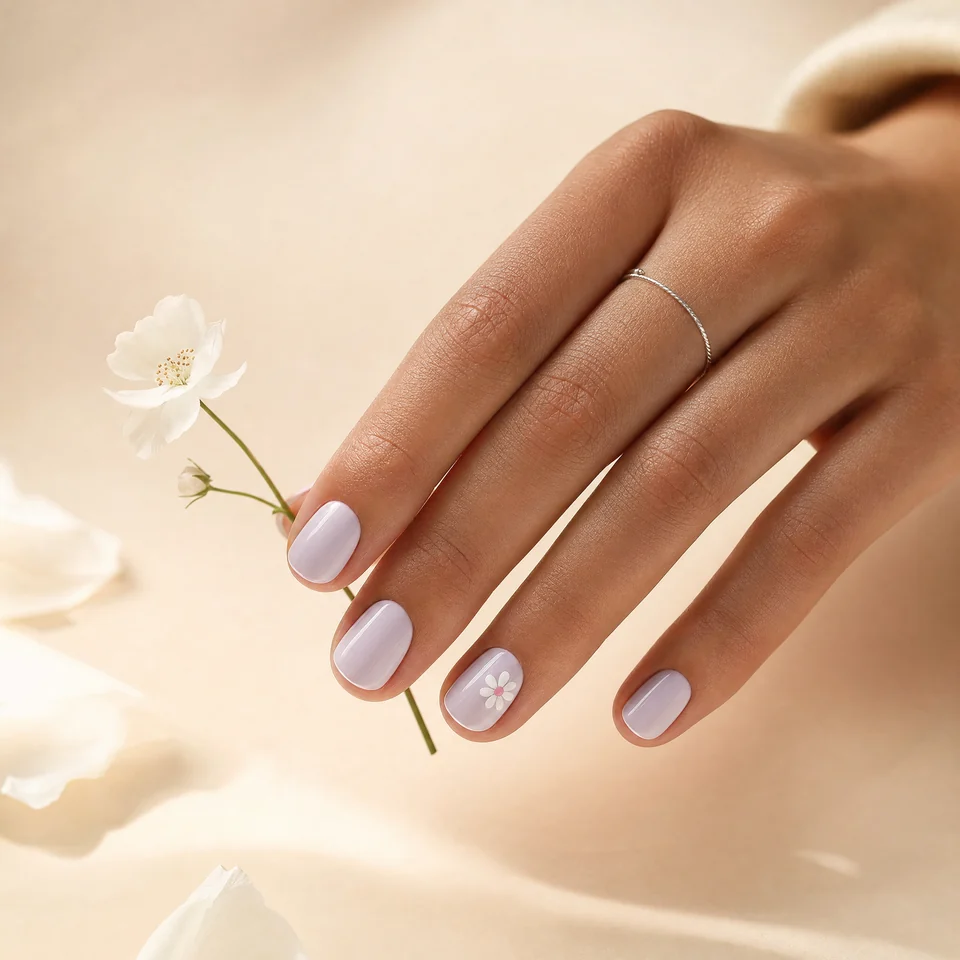 A hand holding a small white blossom, with pale lilac nails and one white floral nail accent.