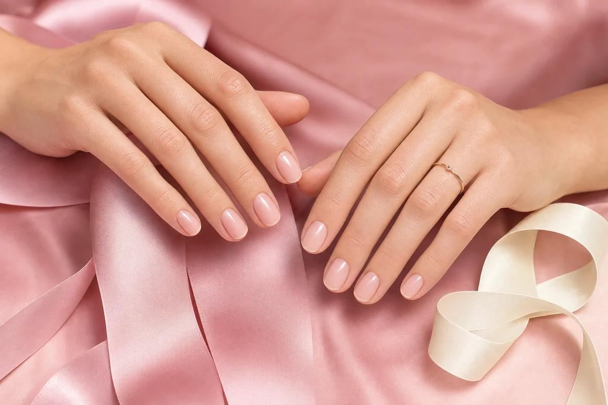 Two hands with glossy blush pink oval nails resting on pink satin beside an ivory ribbon.