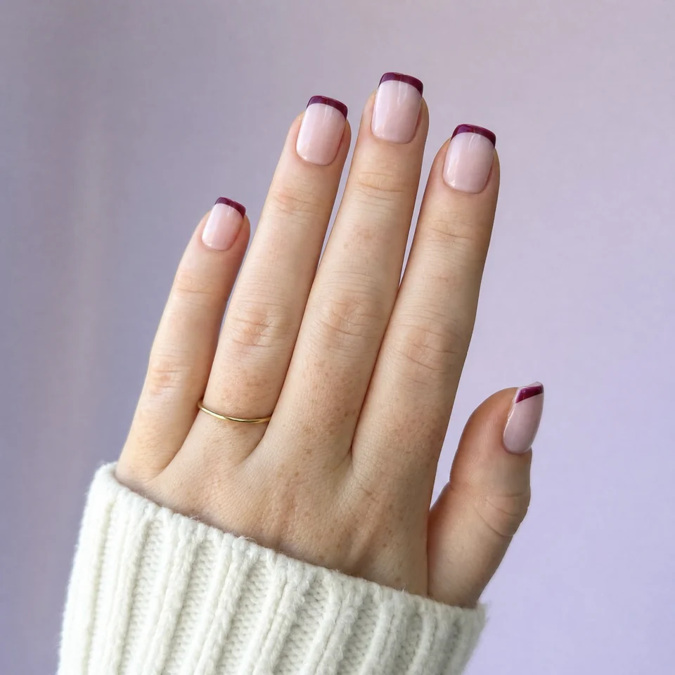Short rounded square nails with burgundy French tips, a fine gold ring and an ivory knit cuff.