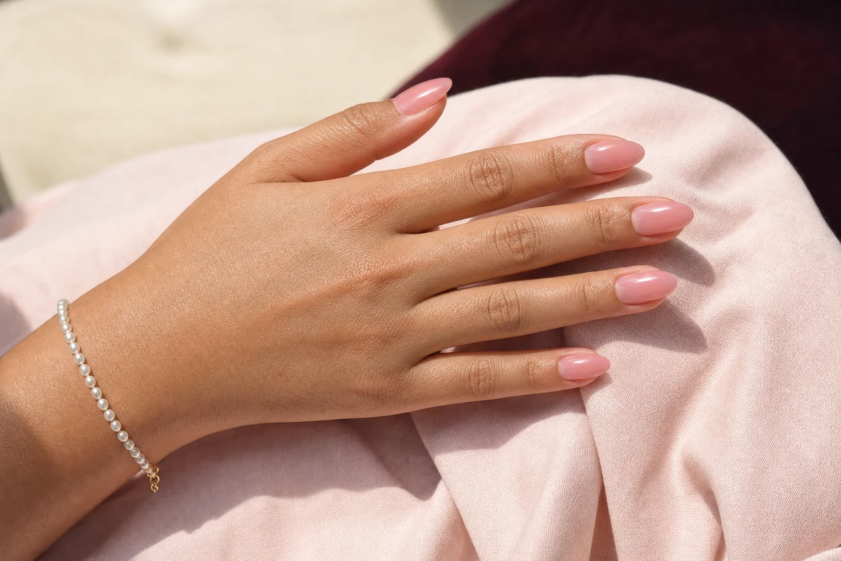 A hand with glossy pink almond nails and a pearl bracelet resting on blush fabric.